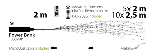 Cascade lumineuse 350 MicroLED Blanc Chaud avec télécommande et Power Bank